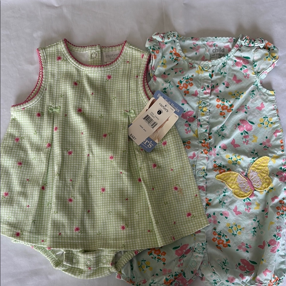 Carter's Light Green Gingham Baby Dress NWT & Child of Mine Floral Romper Used